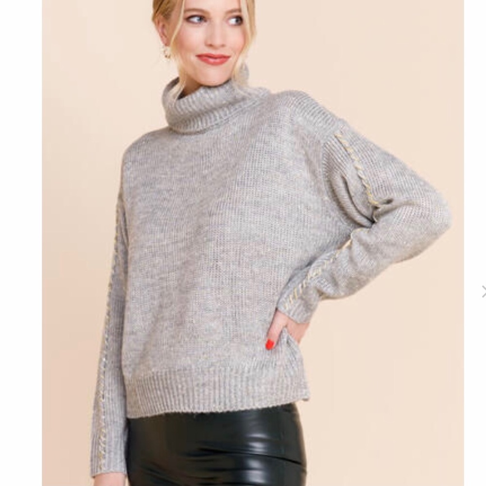 Dee Elly Grey Woven Turtleneck Pullover Sweater